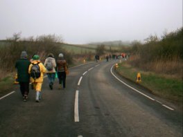 Warmly-dressed protestors in a country lane