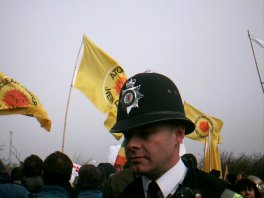 Head and shoulders of policeman in foreground of protest