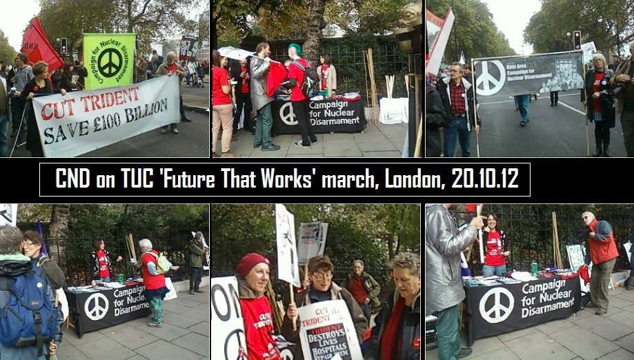 Montage of photos showing CND stall setting up before the march